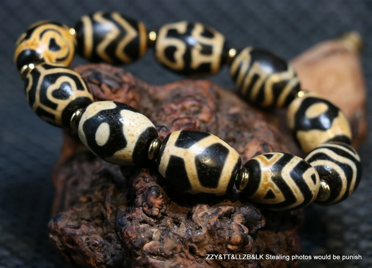 Energy Tibetan old Agate Multiple Symbols Daluo dZi Bead Totem Amulet Bracelet A
