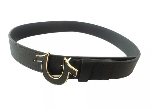 True Religion Men Belt TR302845 Sage II Enamel filled Horseshoe Black/Gold Sz 38