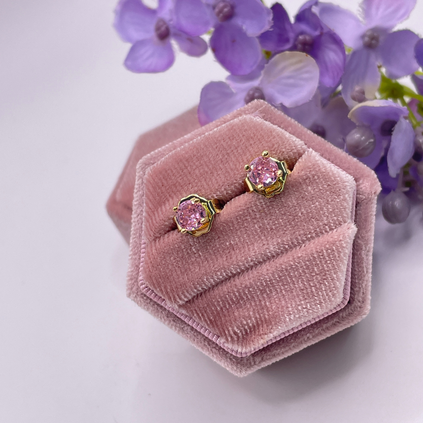 Yellow Gold Finish Created Diamond Round Cut Tourmaline Stud Earrings