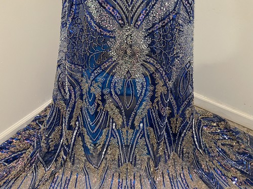 Royal Blue Beaded Iridescent Sequins Embroidery Lace Fabric 50” Width 1 YARD - Picture 5 of 10