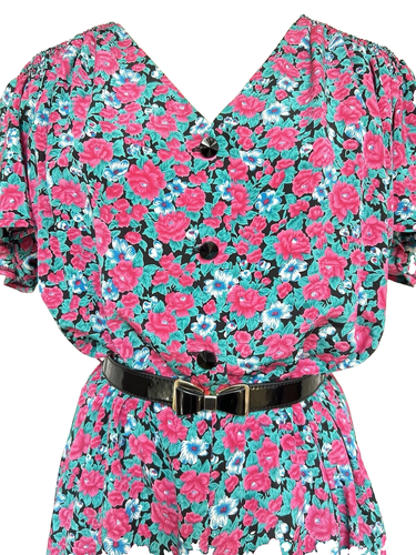 Vintage Kleid Blumenmuster rosa grün schwarz voller Rock Passform modern 12 14 - Bild 9 von 12