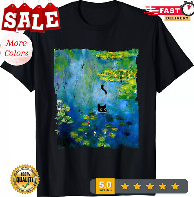 2025/Black Cat Monets Waterlily Painting Art Cat Lover T-Shirt