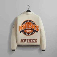 Mens Avirex X Kith Knicks Bomber Real Leather Varsity Jacket New York Cream Coat