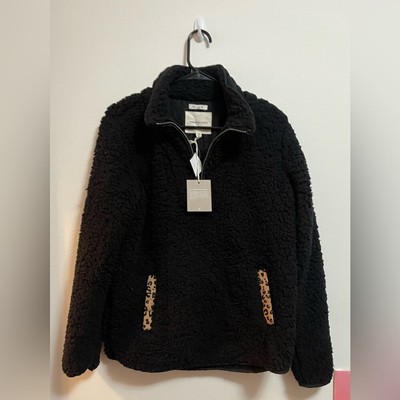 NWT - Thread & Supply - Women s Sherpa 1/4 Zip Pullover w/ Leopard Accents - XS