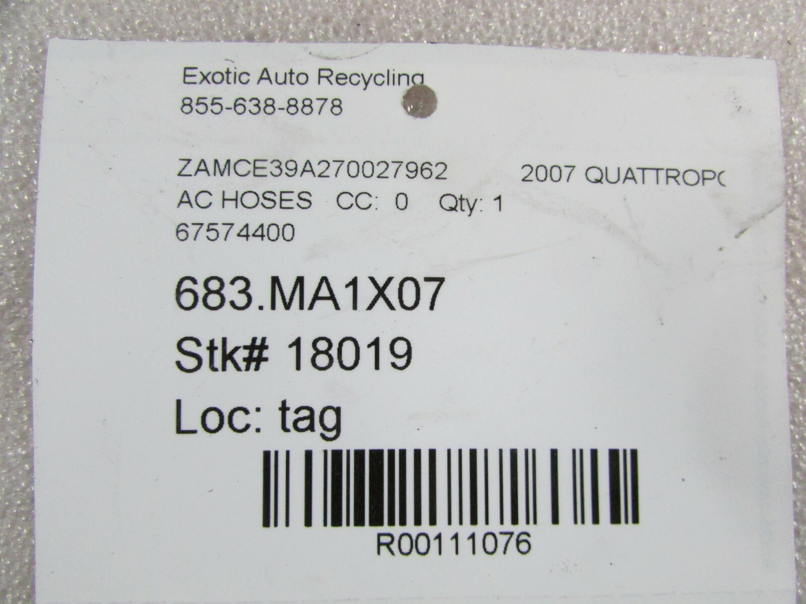 Maserati Quattroporte, AC Compressor to Union Hose, Used, P/N 67574400