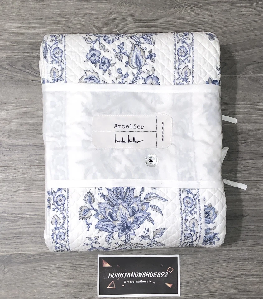 NUEVO Edredón Nicole Miller Blanco Azul Floral Completo/Reina Algodón con Borde Trozado Foto 2 de 4