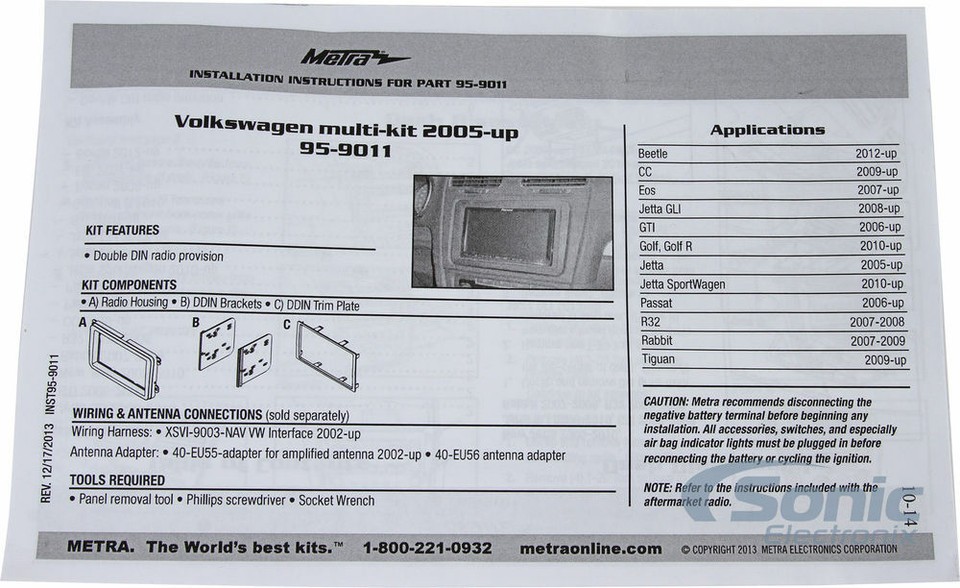 Kit De Instalación Metra 95-9011B Para Radio Estéreo Doble DIN En Vehículos Volkswagen