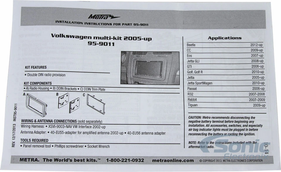 Kit de tablero estéreo radio doble DIN Metra 95-9011B para vehículos Volkswagen seleccionados Foto 4 de 4