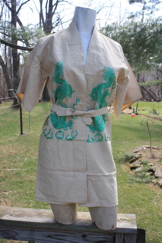 Antique 1930s Childs Chinese Silk Embroidered Dragons Kimono Robe