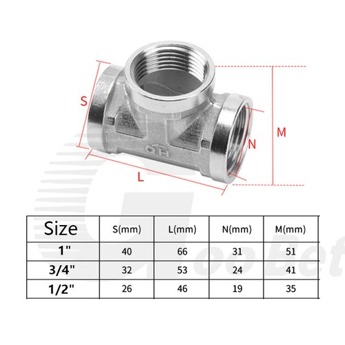 Stainless Steel Tee Connector Equal 1/2" 3/4" 1" BSP Female Thread Pipe Fittings - Picture 2 of 17