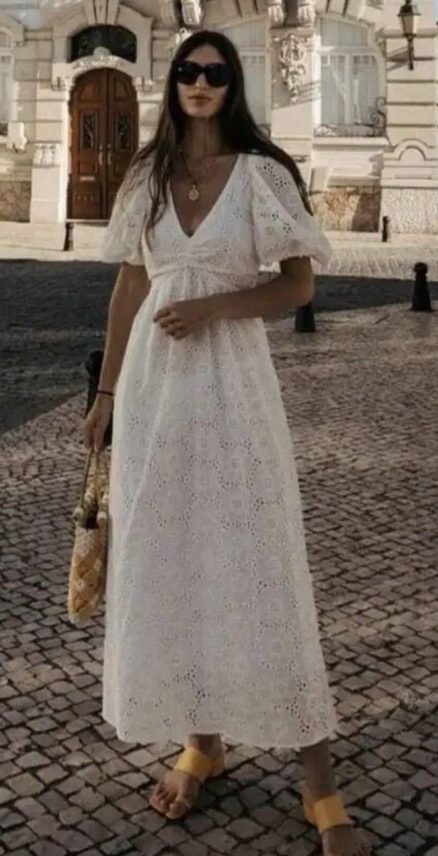ZARA BNWT SS22 WHITE MIDI DRESS WITH CUTWORK EMBROIDERY SIZE