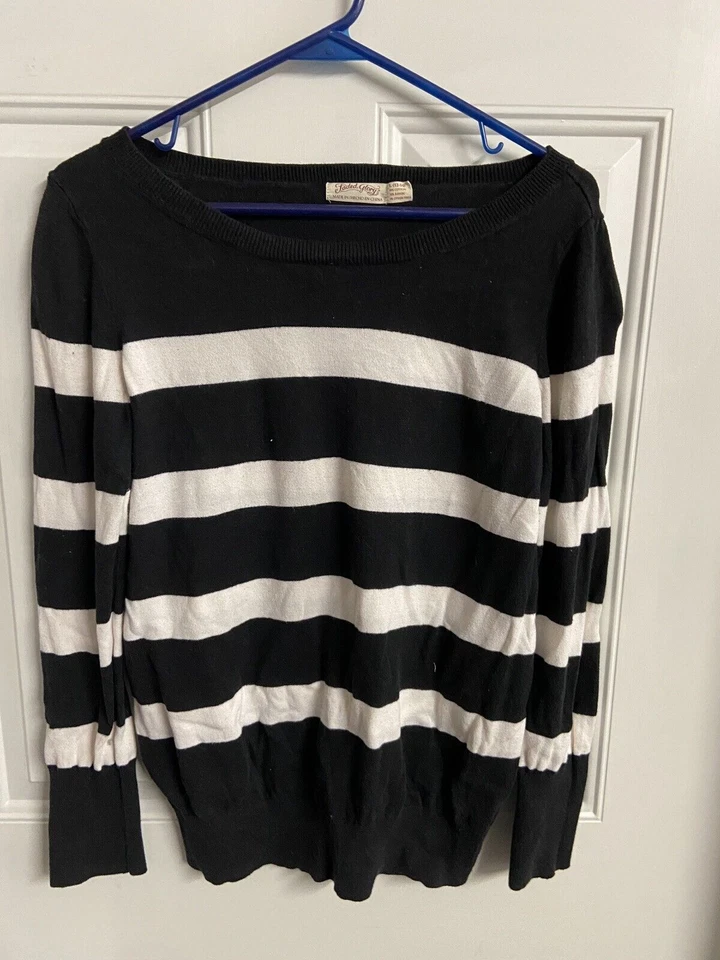 Suéter Glory Desteñido Niñas Grande Negro Blanco Rayas Tejido Mangas Largas Pullover Foto 3 de 4