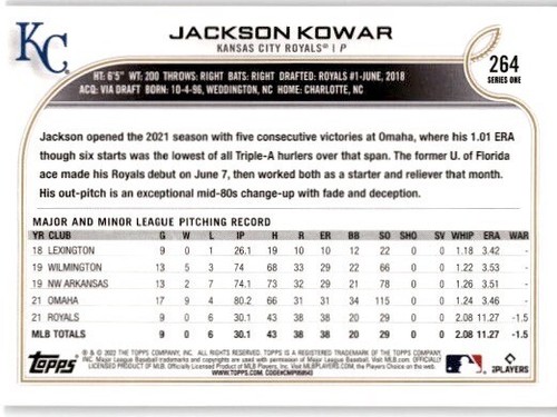 JACKSON KOWAR RC 2022 Topps Series 1 #264 Kansas City Royals - Picture 2 of 2