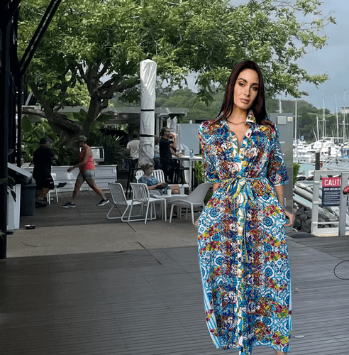 Cotton Long Shirt Dress & Short Sleeves in Blue S/M ~ Antica Sartoria - Picture 1 of 2