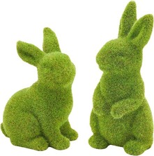 Easter Bunny Decor, 2pcs Flocked Bunny Moss Bunnies Spring Decor Resin Rabbit Fi