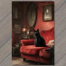 POSTCARD Black Cat Red Velvet Sofa Gothic Parlor Dark Elegant Mood