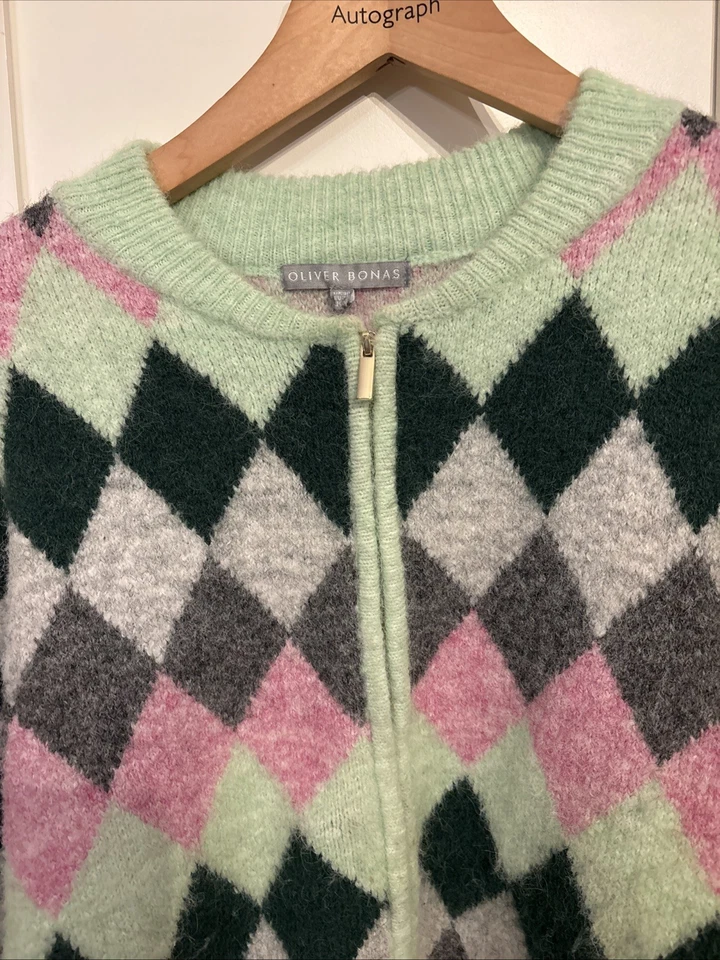 Oliver Bonas bomber jacket style Diamond Pattern Women’s Knitted Cardi Size 10 - Image 3 of 4