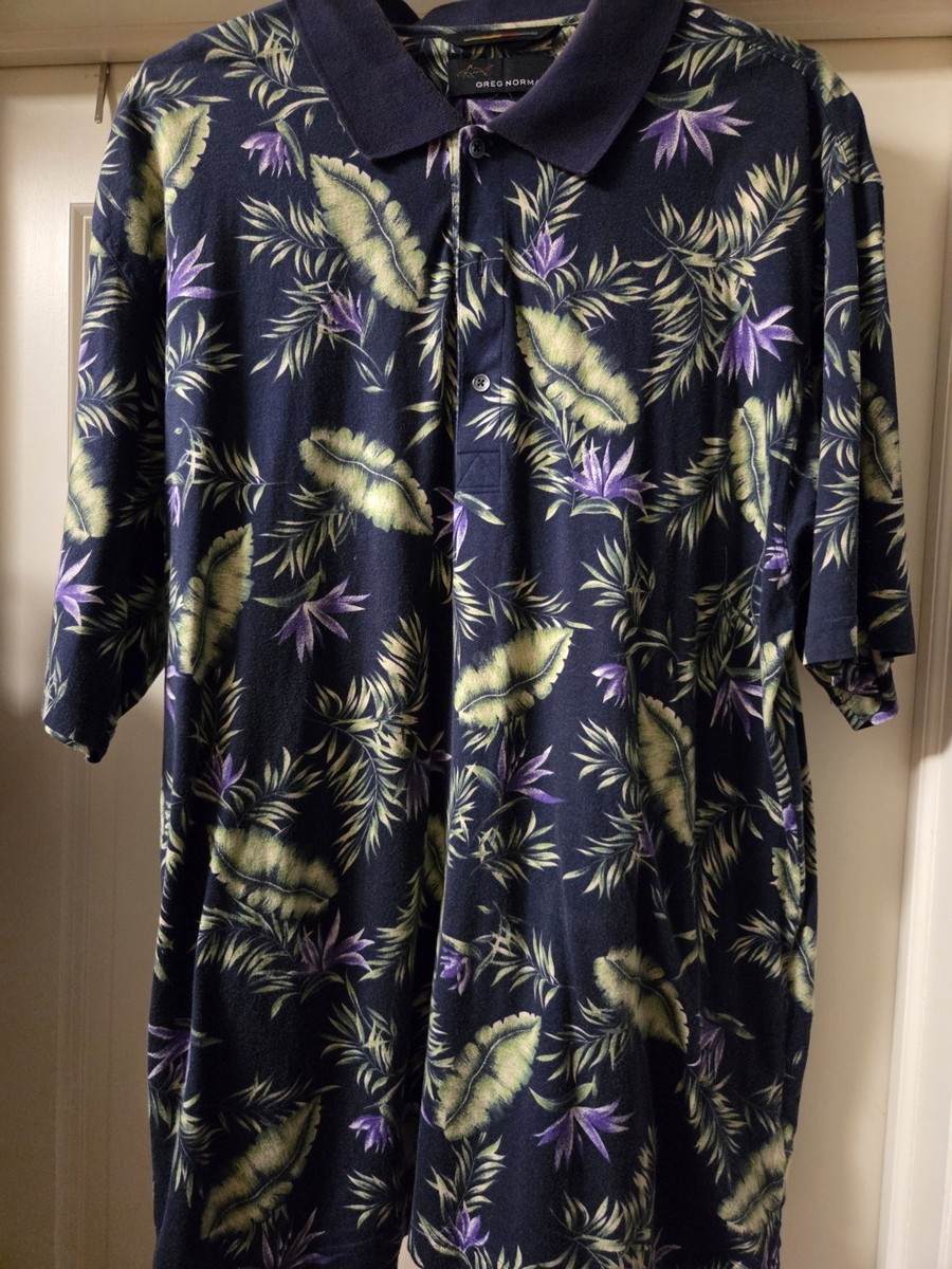Greg Norman Three Button-down Polo Extra Large, Navy W/Greens & Purples, Excelnt View 4