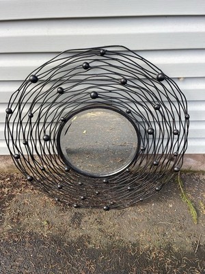 Black Heavy Gauge Industrial Wire Birds Nest Wall Mirror 30  diameter 13  Mirror