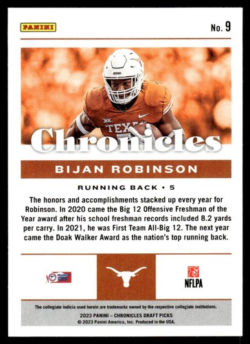Selecciones del draft de Panini Chronicles 2023 Bijan Robinson Texas Longhorns #9 - Imagen 2 de 2