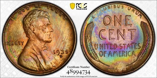 1935-D Lincoln Wheat Cent – PCGS MS64 RB – Beautiful Rainbow Toning
