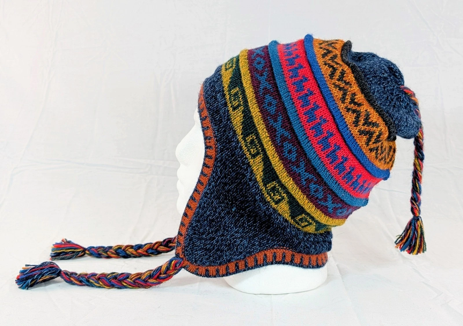 Soft Baby Alpaca Reversible Chullo Beanie Blue Unisex Colorful Boho Llama Peru