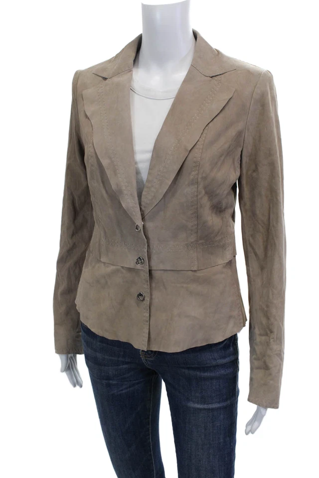 Blazer feminino Elie Tahari camurça bege colarinho botão manga longa tamanho P - Imagem 3 de 4