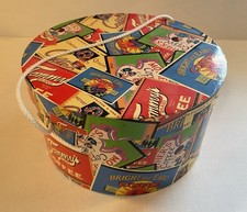 Round Hat/Storage Box With Lid And Strap Coffee Motif 10x5.5 Inches. Colorful.