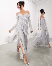 ASOS Edition Womens Gray Solid Chiffon V-Neck Cold Shoulder Slit Maxi 2