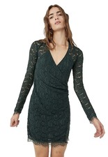 Free People Women's Lace Mini Dress V-Neck Long Sleeve Short Spruce - L