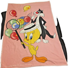 VTG 1986 Looney Tunes Tweety Bird Fleece Large Pink Blanket 58 x 80