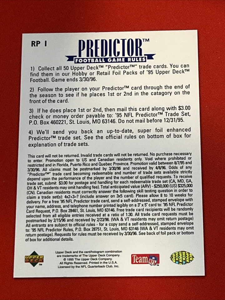 Dan Marino 1995 Upper Deck Predictor League Leader #RP1 - Image 2 of 2