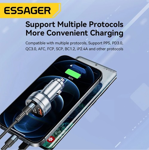 Chargeur Voiture Allume-Cigare USB Type C 80W Charge Rapide affichage LED ESSAGE - Photo 3 sur 12