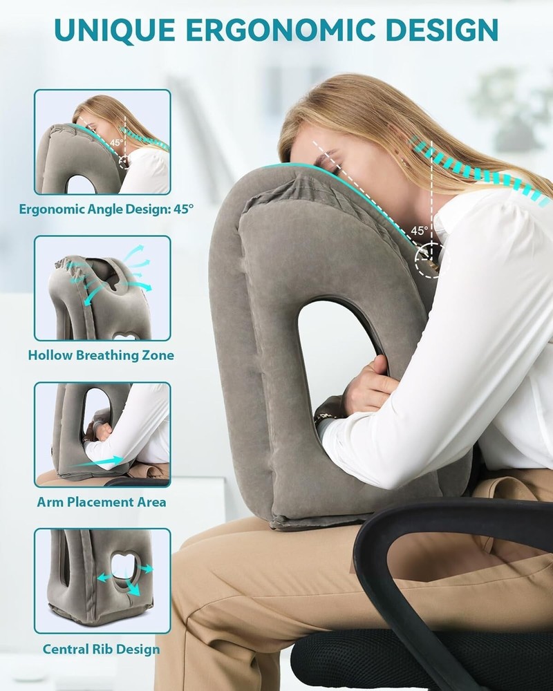 Inflatable Neck Pillow for Travel Car Office Airplane Train Support Grey  