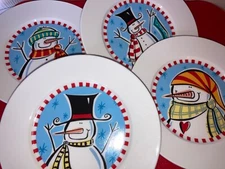 Set of 4 SNOWMAN 6" Appetizer DessertSnack Party Plates by Kathryn Beich Ceramic