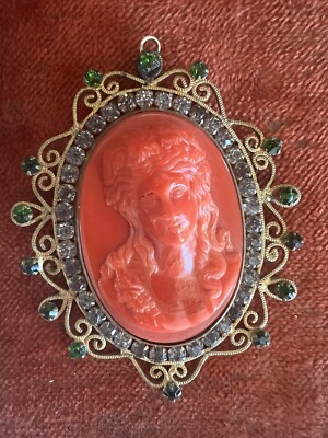 Early Miriam HASKELL Coral Green Glass Cameo Brooch Pendant Vintage Jewelry