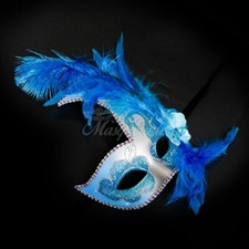 Feather Masquerade Mask Mardi Gras Burlesque Silver Baby Blue M6131