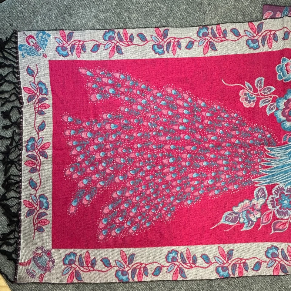 Cachecol/xale Pashmina 100% CASHMERE design pavão azul rosa 60 polegadas x 27 polegadas reversível - Imagem 2 de 4