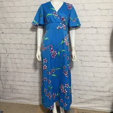 Vintage 70s Darina Hawaii Women’s Aloha Muumuu Maxi Dress L Blue Floral S/S
