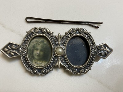 Antique PEWTER DOUBLE PHOTO Silver Oval Locket BROOCH with Pearl Accent English Victorian Sterling Silver Antique Oval Locket - Luna  main image 4