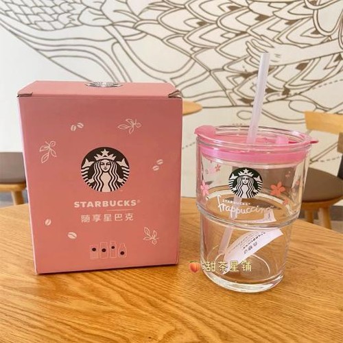 Starbucks Glass Straw Cup Small Green Pink Sakura 375ml Milk Coffee Cup Tumbler - Picture 2 of 23