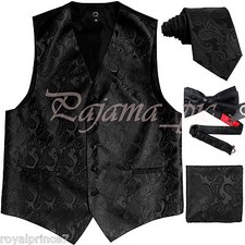 BLACK XS to 6XL Paisley Tuxedo Suit Dress Vest Waistcoat Bow Tie Neck tie Hanky