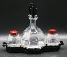 Set Olio E Aceto Art Decò In Vetro Nero, Con Sale E Pepe E Vassoio