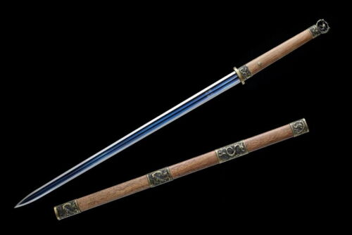 HANDMADE CHINESE TANG JIAN SWORD 1095 Steel BLUE BLADE HUALI SAYA SHARP - Afbeelding 1 van 8