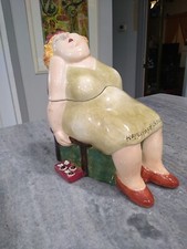 2002 Erika Oller Ceramic COOKIE JAR Fat Lady Happily Dying Of Chocolate