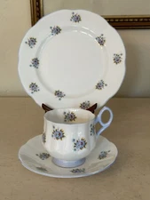ROSINA Tea Cup Saucer  & Dessert Plate Trio  BLUE Handle Floral England