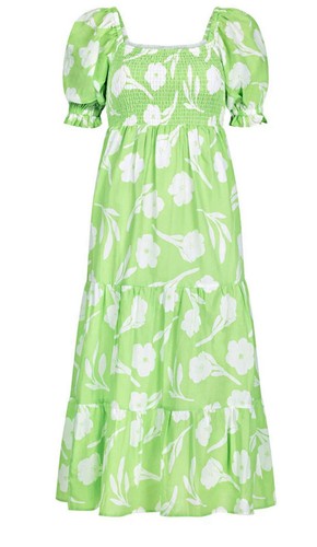 Sabo Allani Midikleid grün und weiß Blumenmuster gesmokt Größe 8 US Large - Bild 2 von 10