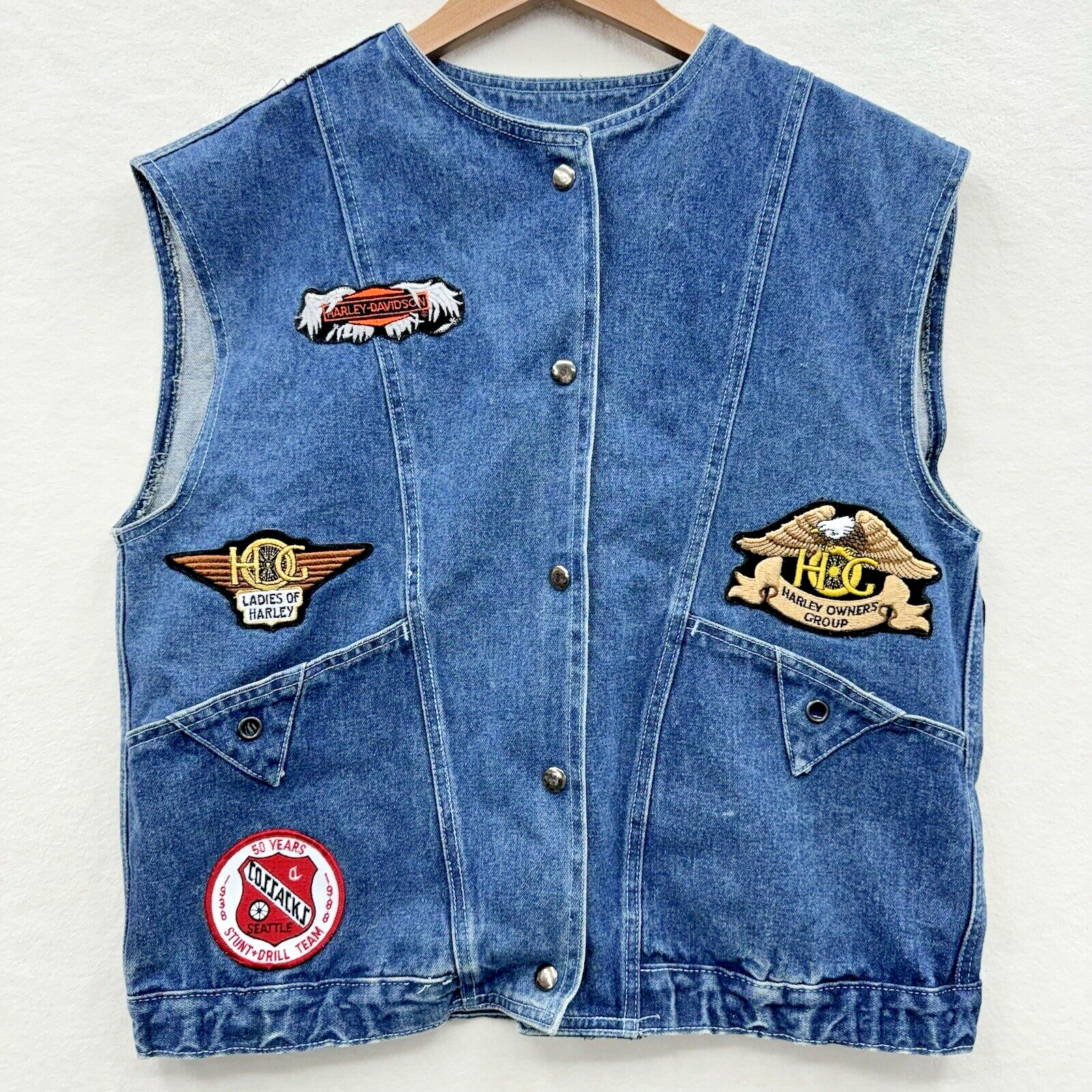 Denim Biker Vest Women’s Medium With Patches Tacoma Golden Eagles Homemade