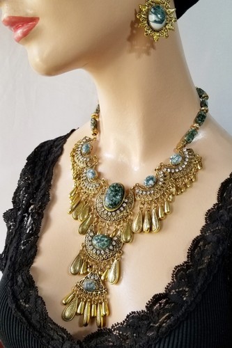 Pendientes collar babero oro grande cristal brillante ágata piedras preciosas únicos en su clase - Imagen 6 de 7