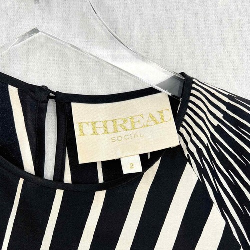 THREAD SOCIAL Dress Womens 2 Black Cream Swirl Print Silk 3/4 Sleeve Shift Mod - Picture 8 of 17